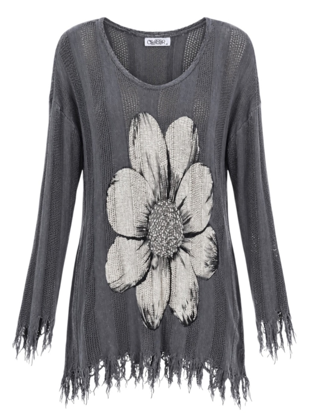 Lauren Moshi Gray Daisy Flower Distressed Fringe Knit Sweater Tunic Size M